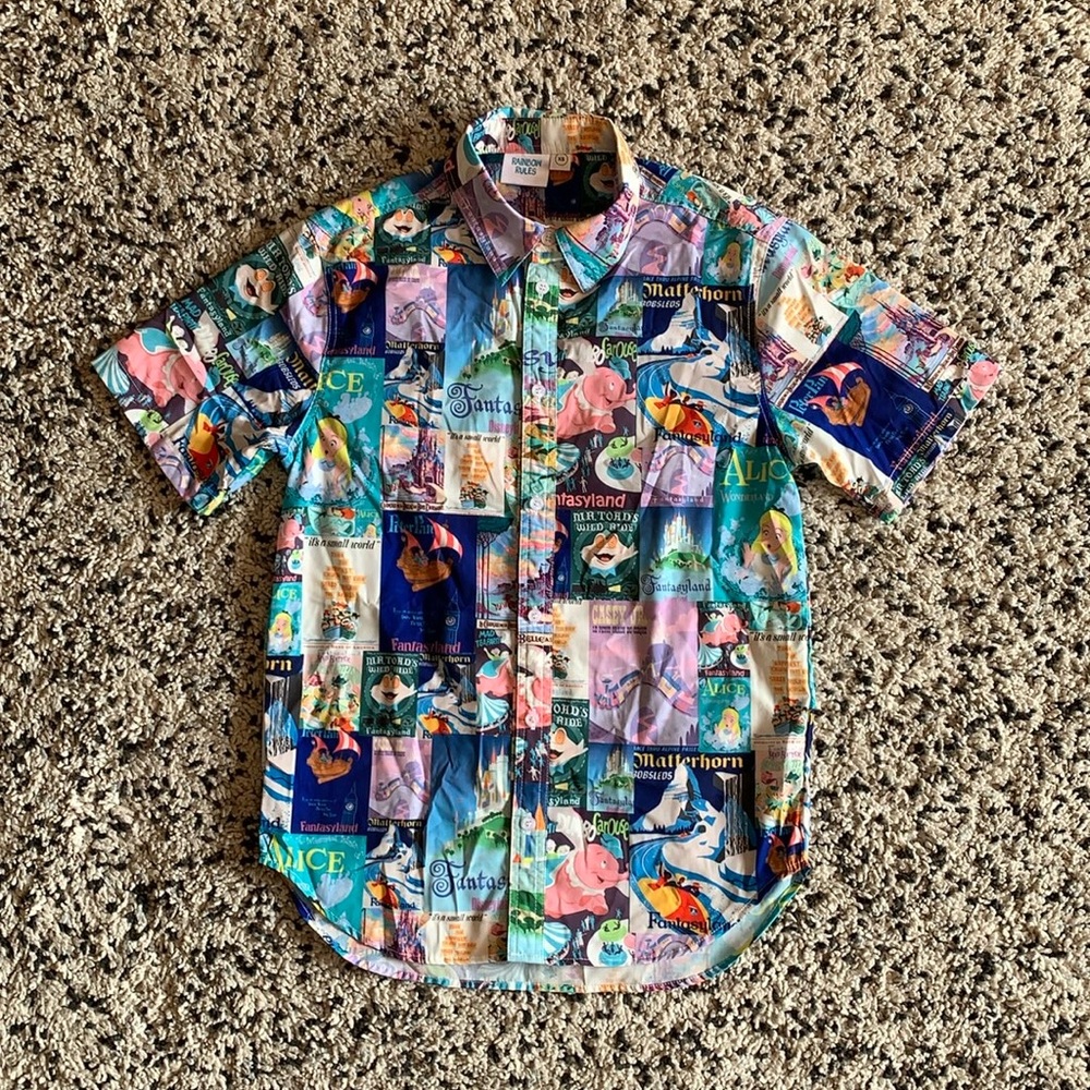 Disney Men's Rainbow Rules Fantasyland Print Short Sleeve Button Down Shirt XS